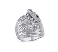 Mens Rhodium Plated Silver Round CZ Horse Rope Saddle Ring 24mm - ARN092 Jewelco London White U