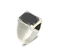 Men's Ring Black Onyx - 925 Sterling Silver Ring for Men Oval Stone in Square Bezel Men's Rings - Ribbed Side Band Minimalist Seal Style - Handmade Gift for Him, Sterling Silver, Onyx