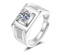 Mens Ring White Gold Wedding Bands for Him 18K Lab Diamond Signet with Cubic Zirconia Size N 1/2 Modern for Grandfather Birthday Jewelry