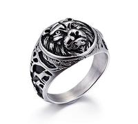 Mens Rings, Stainless Steel Lion Head Ring for Men, Vintage Lion Head Signet Ring, Silver, 11