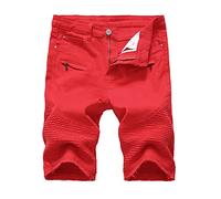 Men's Ripped Classic Fit Denim Short Distressed Zipper Biker Folds Jeans Shorts Fashion Stretch Straight Leg Jean Short (Red 1,40), Red 1