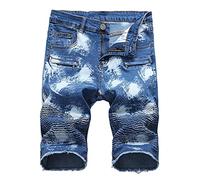 Men's Ripped Classic Fit Denim Short Distressed Zipper Biker Folds Jeans Shorts Fashion Stretch Straight Leg Jean Short, Blue 1, 36, Classic
