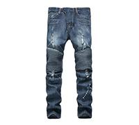 Men's Ripped Distressed Destroyed Slim Fit Stretch Denim Jeans Biker Pants Slim Fit Zipper Trousers Skinny Destroyed Jeans (Light Blue,34,34)