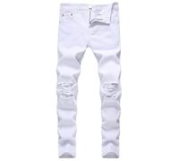 Men's Ripped Fashion Stretch Jeans Straight Leg Streetwear Denim Pants Casual Distressed Biker Jeans, White, 40