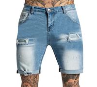 Mens Ripped Jean Shorts Classic Distressed Destroyed Stretch Washed Denim Shorts Casual Roll-Up Shorts Half Short Pants Skinny Slim Fit Pencil Tapered Shorts with Pockets Light Blue