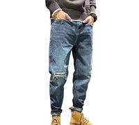 Men's Ripped Jeans Loose Fit Denim Pants Harem Pants Carrot Style Trousers Mid Waist Casual Destroyed Blue Jeans Tapered Distressed Jean Trousers Blue 38W