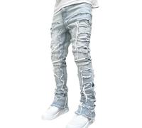 Men's Ripped Jeans Slim Fit, Stacked Jeans Men Distressed Jeans for Men UK Frayed Stacked Straight Leg Trouser Skinny Denim Pants Fit Stretch Jeans Men's Slim-Fit Stretch Jeans Hip Hop Streetwear