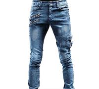Mens Ripped Jeans Stretch Washed Distressed Tapered Leg Denim Pants Zipper Deco Buckle Strap Hip Hop Gothic Punk Slim Skinny-Fit Motocycle Biker Jeans