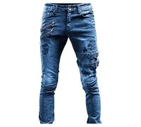 Mens Ripped Punk Moto Biker Jeans Gothic Zipper Deco Hip Hop Denim Pant Tapered Leg Slim Fit Destroyed Distressed Jean (Blue,S)