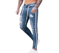 Men's Ripped Skinny Jeans Slim Fit Stretch Washed Classic Distressed Tapered Leg Side Striped Destroyed Denim Pants Drawstring Elastic Waist Regular Unlined Denim Jeans Pants