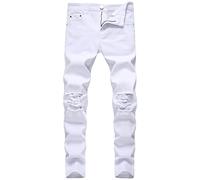 Men's Ripped Skinny Stretch Jeans Vintage Distressed Straight Leg Denim Pants Regular Fit Destroyed Jean Trousers, White, 33