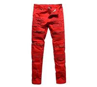 Men's Ripped Slim Distressed Jeans Straight Fit Biker Moto Denim Pants with Zipper Deco Red W30