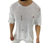 Men's Ripped Sweater Pullover Crewneck Distressed Knit Jumpers Tops Short Sleeve Cut Off Knitted Sweaters for Men Dad Husband Boyfriend Fashion Hipster Outdoor Streetwear Traveling Clothes White
