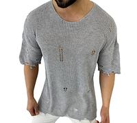 Men's Ripped Sweater Pullover Crewneck Distressed Knit Jumpers Tops Short Sleeve Cut Off Knitted Sweaters for Men Dad Husband Boyfriend Fashion Hipster Outdoor Streetwear Traveling Clothes Grey