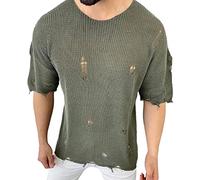 Men's Ripped Sweater Pullover Crewneck Distressed Knit Jumpers Tops Short Sleeve Cut Off Knitted Sweaters for Men Dad Husband Boyfriend Fashion Hipster Outdoor Streetwear Traveling Clothes Green