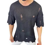 Men's Ripped Sweater Pullover Crewneck Distressed Knit Jumpers Tops Short Sleeve Cut Off Knitted Sweaters for Men Dad Husband Boyfriend Fashion Hipster Outdoor Streetwear Traveling Clothes Black