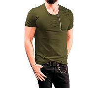 Men's Ripped T-Shirt Hipster Round Neck Solid Color Tee Short Sleeves Summer Fashion Comfortable Blouse Top, Army Green, Medium
