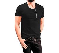 Men's Ripped T-Shirt Hipster Round Neck Solid Color Tee Short Sleeves Summer Fashion Comfortable Blouse Top, Black, Large