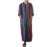 Men's Robe Cotton Pyjamas Long Sleeve Button V Collared Retro Striped Nightshirt Lounge Wear Size Small To XXXL,Red,XL