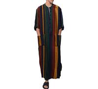 Men'S Robes Men'S Long Sleeve Abaya Robe Buttoned V Neck Long Sleeved Gown With Double Pockets Relaxed Fitting Breathable Summer Robe Stylish Striped Colour Clash Robes Lightweight Comfort Casual