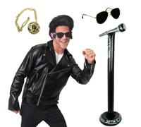 Men's Rock 'n' Roll Icon Costume Set - Elvis-Inspired Fancy Dress Outfit with Wig, Jacket, Shades, Chain & Inflatable Mic Stand
