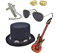 Men's Rockstar Fancy Dress Costume Set - Black Hat, Sunglasses, Inflatable Guitars, Gold Rings & Cross Necklace - 70s 80s Rock Band Theme Party Halloween Accessory Kit