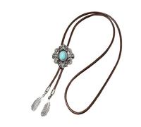 Men's Rodeos Western Faux Leather Cord Bolotie Antique Floral Stone Jewelry Necktie Necklace with Feathered