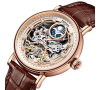 Men's Rose Gold Case & Brown Leather Strap Automatic Mechanical Watch with Hollow Dial, Dual Time Zone, Moon Phase, Luminous Hands, 30M Water Resistant, Mineral Glass, Stainless Steel Case Back