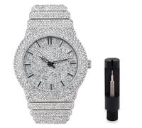 Men's Round Iced Out Diamond Watch - Brilliant Crystals, Bling Dial, Iced Bezel - Fully Iced Out Band with Adjustable Sizing - 14k Gold & Silver Finish - Luxury Timepiece, Silver - Watch Only