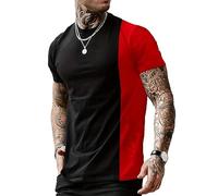 Men's Round Neck Color Contrast T-Shirt Summer T-Shirt Mens Short Sleeve Mens Round Neck Basic Slim Fit Sports Shirt Men Daily Wear and Tear A-Black Red M