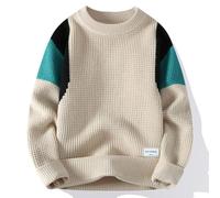 Mens Round Neck Jumper Long Sleeve, Soft Warm Crew Neck Patchwork Sweater Khaki Comfy Chunky Knitted Jumpers Pullover Winter Fall Lazy Knitwear Sweater Top,XL