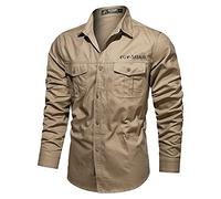 Mens Safari Shirts Cotton Long Sleeve Outdoor Hiking Shirts Regular Fit Button Down Military Tactical Shirts with Two Chest Pockets Lightweight Walking Travel Shirt Top Cargo Shirt for Men Khaki