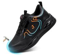 Mens Safety Trainers Womens Safety Shoes with Rotary Buckle Water Resistant Air Cushion Lightweight Steel Toe Cap Work Sneakers Black, 7UK