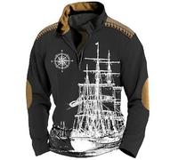 Men's Sailboat Print Stand Collar Polo Shirt Vintage Distressed Tops V Neck Long Sleeve Sports T-Shirts