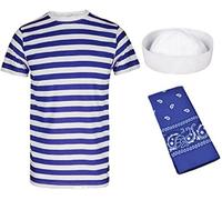 Men's Sailor - Blue White Shirt, Blue Bandana/Scarf and Doughboy Hat Navy Naval Officer Sea Sailor Captain Uniform Marine Fancy Dress 3 Pc Set Stag Night Fun Theme Party (XXL) (S)