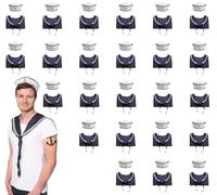 Mens Sailor Set Costume - Pack of 24 - White Doughboy Hat with Gold Anchor, Navy & White Scarf - Adults Nautical Marine Navy Outfit Fancy Dress Costume Accessory