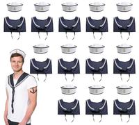 Mens Sailor Set Fancy Dress Accessory - Pack of 12 - Unisex Set Sailor Doughboy Hat with Gold Embroidered Anchor + Navy & White Scarf - Nautical Marine Navy Outfit