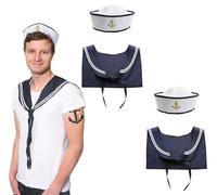 Mens Sailor Set Fancy Dress Accessory - Pack of 2 - Unisex Set Sailor Doughboy Hat with Gold Embroidered Anchor + Navy & White Scarf - Nautical Marine Navy Outfit