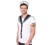 Mens Sailor Set - Medium - White Doughboy Sailor Cap with Blue Anchor, Navy & White Scarf and T-Shirt - Adults Nautical Marine Fancy Dress Costume Accessory