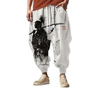 Men's Samurai Print Harem Pants, Artistic Graphic Joggers with Japanese Ink Style, Loose Fit Anime Warrior Lounge Trousers, Unique 3D Black and White Printed Pants, Casual Statement Bottoms for Men
