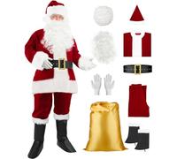 Men's Santa Claus Costume with Beards Complete Deluxe Santa Suit Premium Velvet Classic Santa Costume for Adults (Jujube Red, S/M（140-170Ib）)