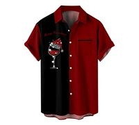 Men's Santa Claus Motif Shirt with Digital Print Button Placket Short Sleeve T-Shirt Festive Gift, J, XL