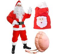 Mens Santa Costume - Deluxe Father Christmas Suit Fancy Dress Costume - 12 Piece Velour Quality - Red Santa Jacket & Trousers plus Accessories - Santa Claus St Nick Plush X-Mas Outfit