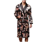 Mens Satin Kimono Robe Clearance Luxury Silk Dressing Gown Short Style, Men Oversized Floral Printed Knee Length Bath Robes with Oblique V-Neck Plus Size Soft Loungewear Nightwear with Pockets Belt
