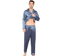 Men's satin pajama set, fold-down neckline, long sleeves and long pants, loose fit, big boy's home clothes, a variety of colors and specifications are available,/Gray-L
