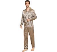 Men's satin pajama set, fold-down neckline, long sleeves and long pants, loose fit, big boy's home clothes, a variety of colors and specifications are available,/Gold-L