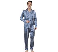 Men's satin pajama set, fold-down neckline, long sleeves and long pants, loose fit, big boy's home clothes, a variety of colors and specifications are available,/Gray plaid-XL