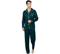 Men's satin pajama set, fold-down neckline, long sleeves and long pants, loose fit, big boy's home clothes, a variety of colors and specifications are available,/Green-XL