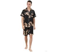 Men's Satin Pajamas Set of Short Sleeve and Short Pants made of Artificial Silk in Elegant Patterns,5+ Colors,丝绸睡衣 (UK, Alpha, M, Regular, Regular, Black Dragon)