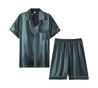 Men's Satin Pajamas Set Soft Silk Button Down Short Sleeve and Shorts Pj Sets 2 Pieces Sleepwear Loungewear Set (Dark Green,4XL)